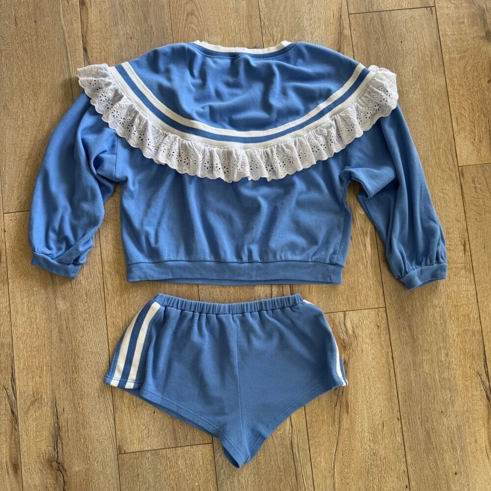 Anthropologie Blue Waffle Knit Eyelet Lace Ruffle‎ Sweatshirt Shorts Set Size XS - Picture 7 of 15